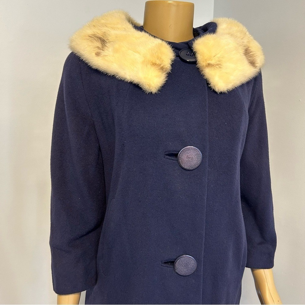 Vintage Hombergers Atlantic City‎ Navy Blue 100% Cashmere Mink Fur Collar Coat - Picture 2 of 9